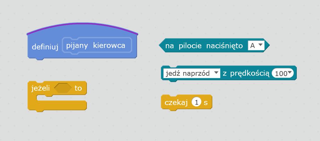 Robot jadąc slalomem będzie wykonywał następujące ruchy: jedzie naprzód przez jedną sekundę, skręca w prawo przez jedną sekundę, jedzie naprzód przez jedną sekundę, skręca w