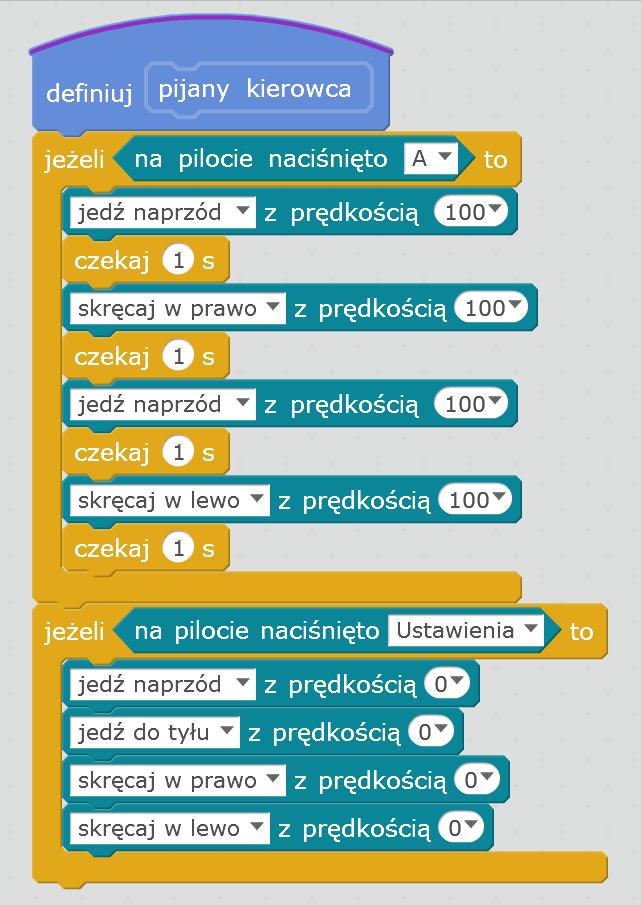 Dla przycisku A oprogramowano ruch robota w trybie pijany kierowca, a dla przycisku Ustawienia jego