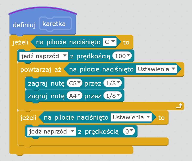 Do programu głównego dokładamy ostatni blok: W ten sposób zaprogramowaliśmy trzy