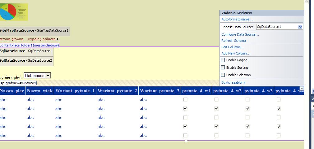 umieszczamy kontrolkę GridView