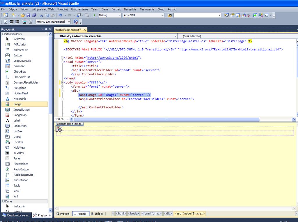 w nagłówku umieścimy dowolną grafikę zatem przenosimy kontrolkę Image proszę zwrócić uwagę