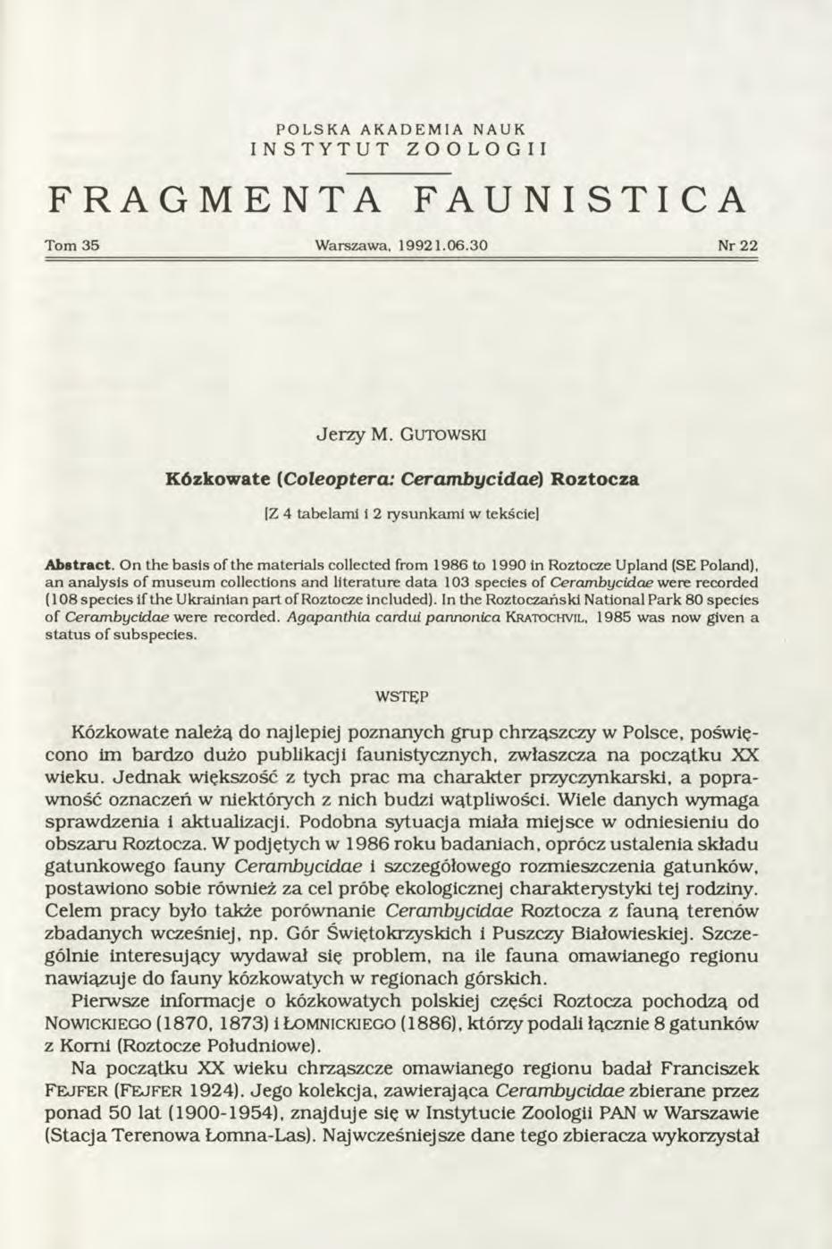 POLSKA AKADEMIA NAUK INSTYTUT ZOOLOGII FRAGMENTA FAUNISTICA Tom 35 W arszawa, 19921.06.30 Nr 22 J e r z y M.