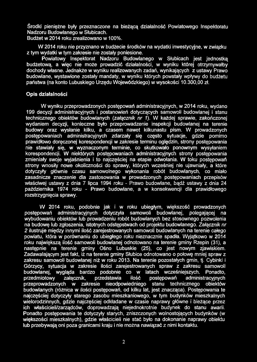 Środki pieniężne były przeznaczone na bieżącą działalność Powiatowego Inspektoratu Nadzoru Budowlanego w Słubicach. Budżet w 2014 roku zrealizowano w 100%.