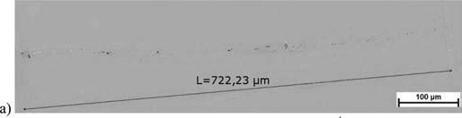 Remains of the defects 8 and 9 in the sample after rolling in the 3 rd groove: a) part of the defect no. 8, magnification 200x; d) part of the defect no.