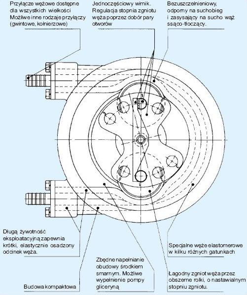po obwodzie węża wyciskają jego zawartość od strony ssącej do tłocznej. Wąż powracający po przejściu rolki do pierwotnego kształtu wytwarza na stronie ssącej podciśnienie.