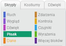 KATEGORIA PISAK Kategoria PISAK zawiera bloki związane z pisakiem duszka, jego stanem, kolorem, grubością. blok opis wyczyszczenie wszystkich rysunków ze sceny. Nie usuwa tła sceny.