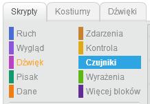 KATEGORIA CZUJNIKI Kategoria CZUJNIKI zawiera bloczki związane z rozpoznawaniem sytuacji zachodzących na scenie, dotyczących m.in. duszków.