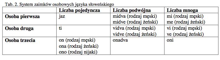 Jeszcze bardziej złożony system zaimków osobowych wykazuje na przykład język słoweński, w przypadku którego przedstawia się on w sposób przedstawiony w tab. 2.