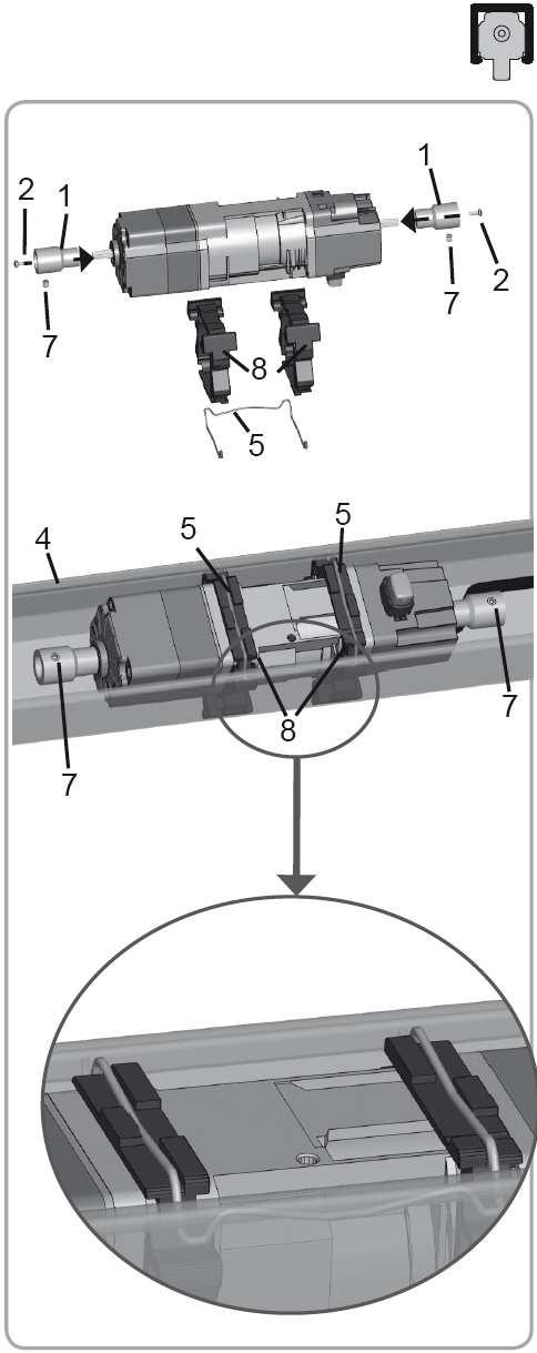 3.4 MontaŜ w szynie 78x67 mm otwartej od dołu MontaŜ napędów J406/J410 (o momencie obrotowym 6 lub 10 Nm) Zamontować na wałku napędowym 2 adaptery pręta (1) uŝywając dwóch wkrętów M3x8 (2).