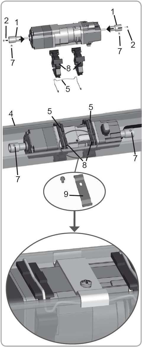 MontaŜ napędu J418 (moment obrotowy = 18Nm) Zamontować na wałku napędowym 2 adaptery pręta (1) uŝywając dwóch wkrętów M3x8 (2).