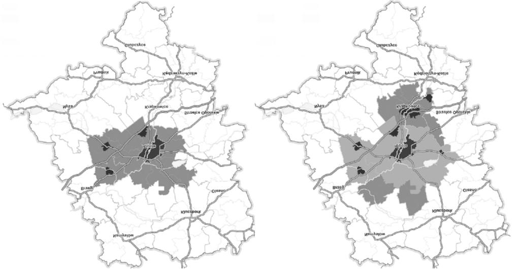 przede wszystkim koncentrowało regionalne i lokalne funkcje usługowe, przyciągając do pracy licznych dojeżdżających nawet spoza regionu [Heffner 2011].