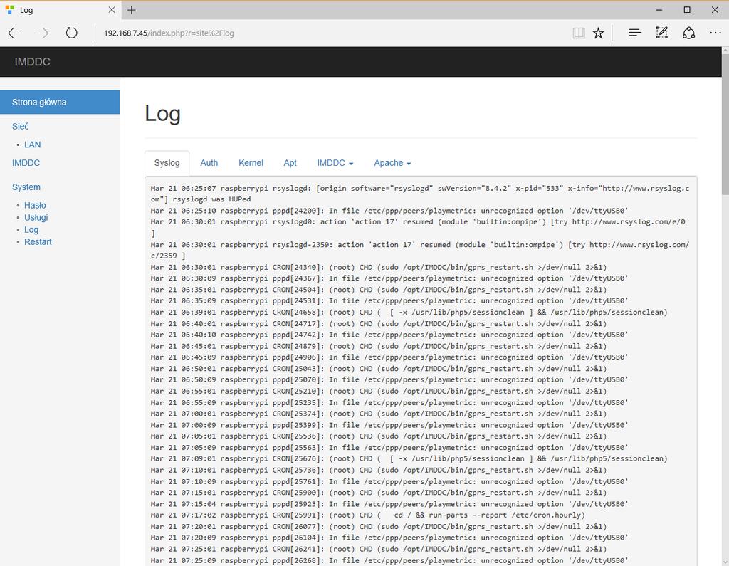 Rys.9: Logi. Log System log zawiera informacje odnośnie działania aplikacji komunikacyjnej IMDDC.