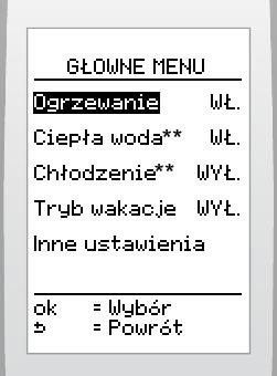 7.6 Menu główne Nacsnąć przycsk Menu (**) 7.7 Ogrzewane Menu Nawgacja Poruszane sę za pomocą przycsku: Nacsnąć przycsk: aby powrócć do poprzednego ekranu.