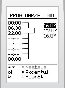 Nastawa fabryczna: Od ponedzałku do pątku Przedzał Początek Konec Temp. czasowy 1 00:00 06:30 16 2 06:30 22:00 22 3 22:00 00:00 16 Sobota Przedzał Początek Konec Temp.