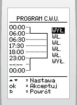 7.8.4 Programowane przygotowywana cepłej wody Nastawa fabryczna: Od ponedzałku do pątku Przedzał Początek Konec Stan czasowy 1 00:00 06:00 WYŁ 2 06:00 06:30 WŁ 3 06:30 17:30 WŁ 4 17:30 18:00 WŁ 5