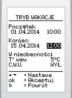 Zakres regulacj temperatury ( C) mnmalna 24 zalecana 24 maksymalna 30 wybrać na ekrane > chłodzene > temperatura Ustawć początek konec okresu neobecnośc (dzeń godzna) za pomocą przycsku zatwerdzć