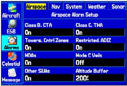 Menu Główne > Zakładka Alarms.... Zakładka Airspace Alarms (tylko Lotniczy Rodzaj Pracy) [alarmy o przestrzeni powietrznej].