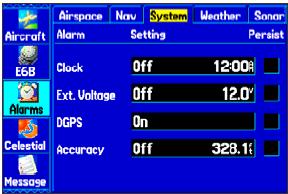 Menu Główne > Zakładka Alarms.... Sub zakładka Systems Alarms [systemy rodzaje alarmów]. Sub zakładka Sonar Alarms [alarmy sonarowe].