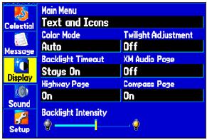 Menu Główne > Zakładka Display.... Zakładka Display [wyświetlacz]. Twilight Adjustment - funkcja umożliwiająca ustawienie optymalnego sposobu podświetlenia tylnego ekranu podczas zmierzchu.