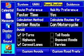 Menu Główne > Zakładka Setup.... Sub zakładka Road Routing [trasy drogowe]. Off Road (nie po drogach głównych) : w linii prostej z aktualnej Twojej pozycji do punktu docelowego.