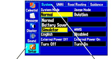 Początek > Rodzaj pracy Symulator... Rodzaj pracy Symulator (Simulator Mode). Dla lepszego poznania działania odbiornika GPSMAP 495 należy uaktywnić rodzaj pracy SYMULATOR (Simulator Mode).