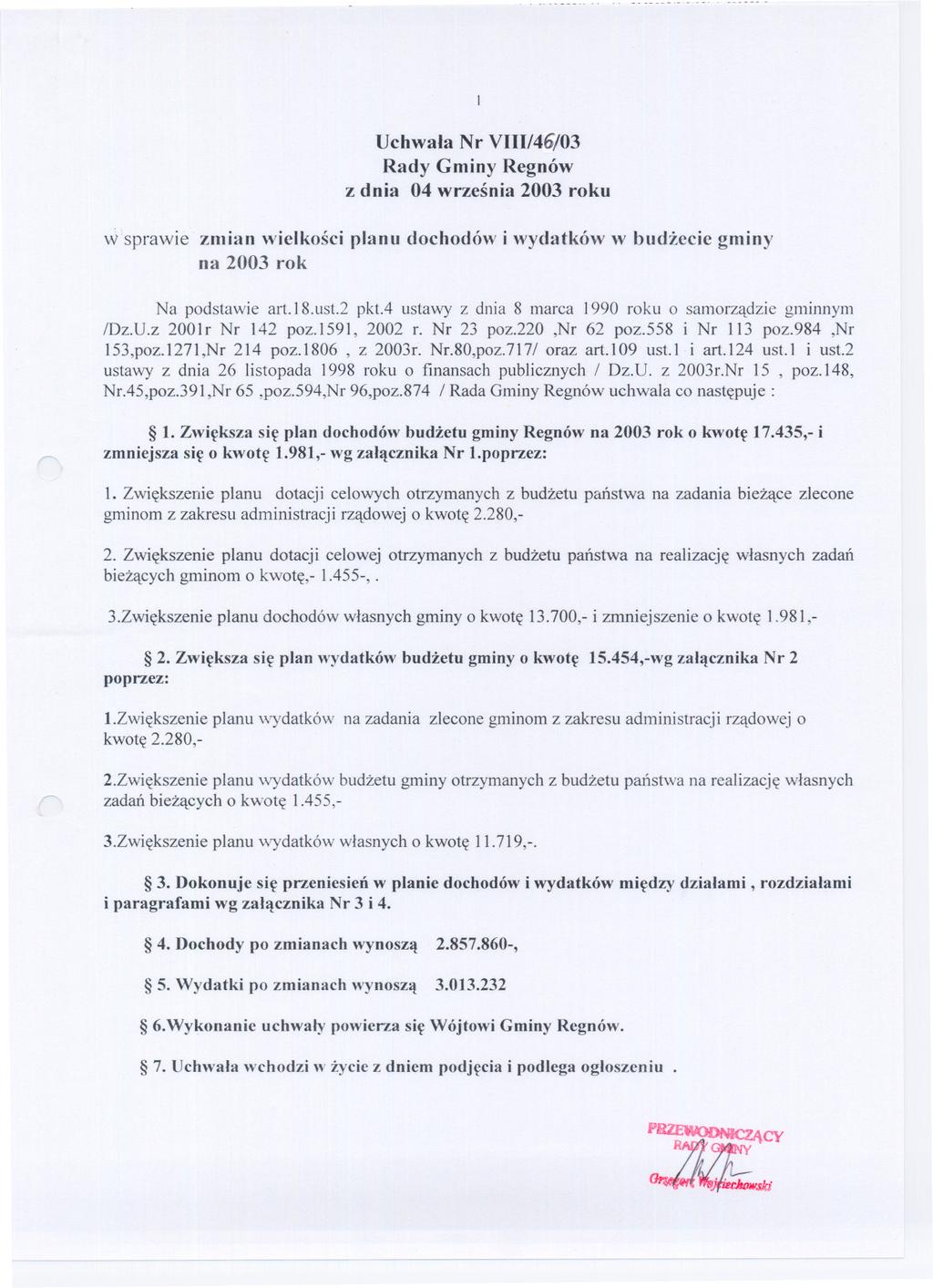 Uchwala Nr VIII/46/03 Rady Gminy Regnów z dnia 04 wrzesnia 2003 roku Wsprawie zmian wielkosci planu dochodów i wydatków w budzecie gminy na 2003 rok Na podstawie art.18.ust.2 pkt.