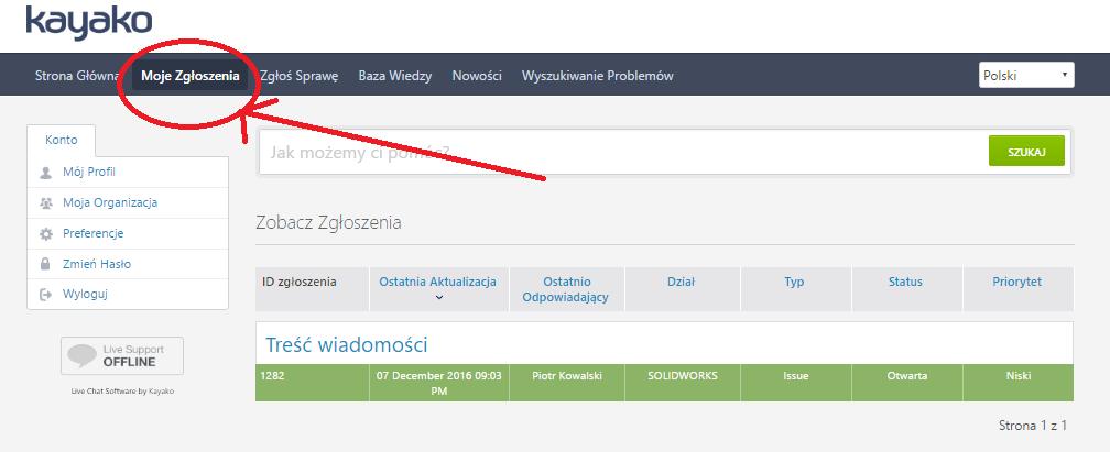 5. Przeglądanie zgłoszonych spraw Po zalogowaniu do systemu i kliknięciu linka Moje zgłoszenia