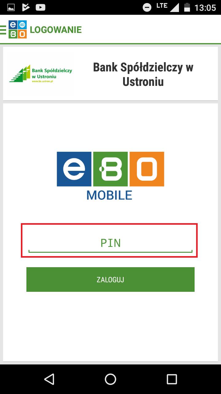 9. Po poprawnym wpisaniu kodu logujemy się do aplikacji podając PIN