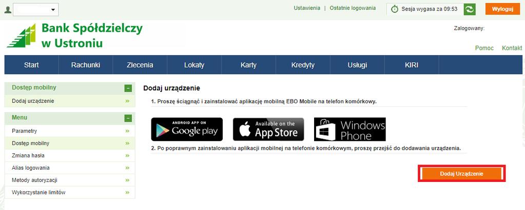 4. Następnie naciskamy w prawym dolnym rogu DODAJ URZĄDZENIE (Sciąganie i instalowanie aplikacji EBO Mobile opisane jest krok po