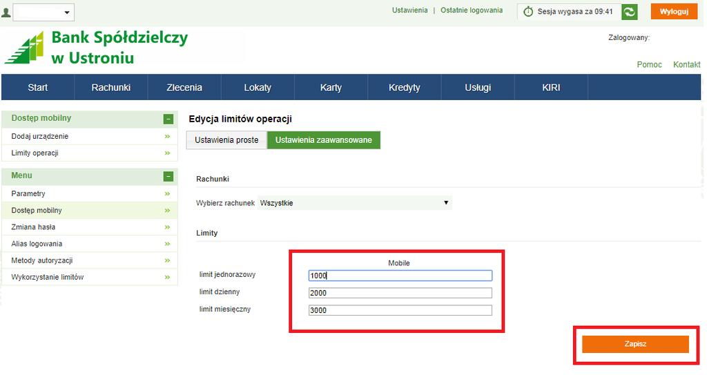 8. Następnie ustawiamy limity dla operacji w menu po lewej stronie wybieramy