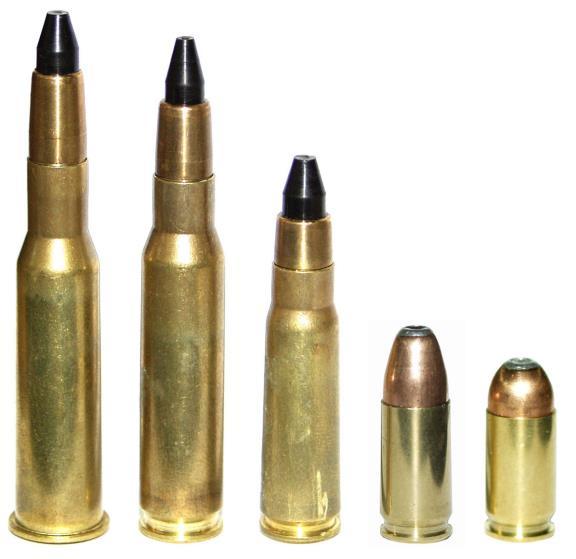 4 Naboje o ograniczonym rykoszetowaniu (od lewej): 7,62x54R mm OR Mosin, 7,62x51 mm OR NATO, 7,62x39 mm OR wz.1943, 9x19 mm OR Parabellum, 9x18 mm OR Makarow (fot.