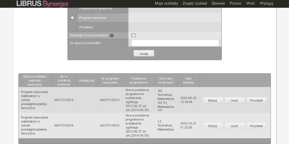 Na dole powinno się ukazać zestawienie wszystkich programów przypisanych do danych klas, które nauczyciel prowadzi zajęcia.