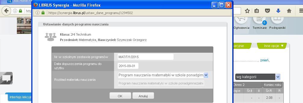 Następnie klikamy w kolejne słowo zmień, aby wstawić datę dopuszczenia programu do