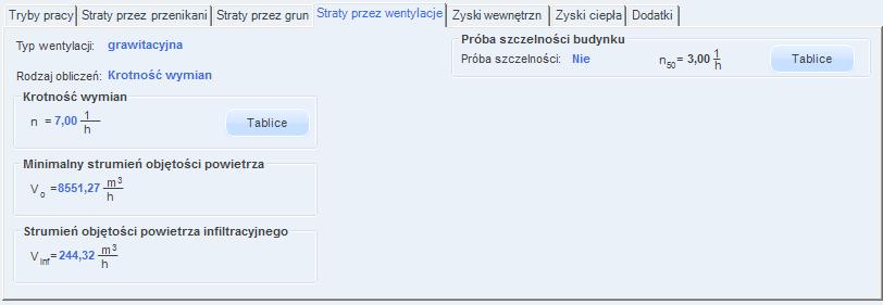 Opis obliczeń sezonowego zapotrzebowania na ciepło na cele ogrzewania i wentylacji PRÓBA SZCZELNOŚCI pole służące do wyboru jednego z dwóch sposobów obliczeń strumienia infiltracyjnego: 1.