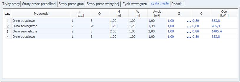 Zakładka ta służy do definiowania zysków ciepła od przegród przezroczystych wyliczanych z wzoru: Qs = Qs(t) = [Is * As] * (t) = [ Is * (A * Fs * F F * 0,9* g )]*(t) Qs = 3600 A TR S(m) Z1 Z2 Z3 Rys