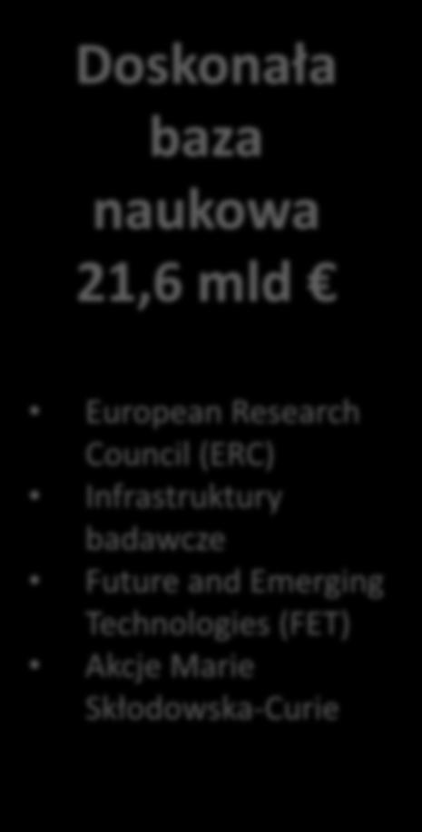 Doskonała baza naukowa 21,6 mld European Research Council (ERC) Infrastruktury badawcze Future and Emerging Technologies