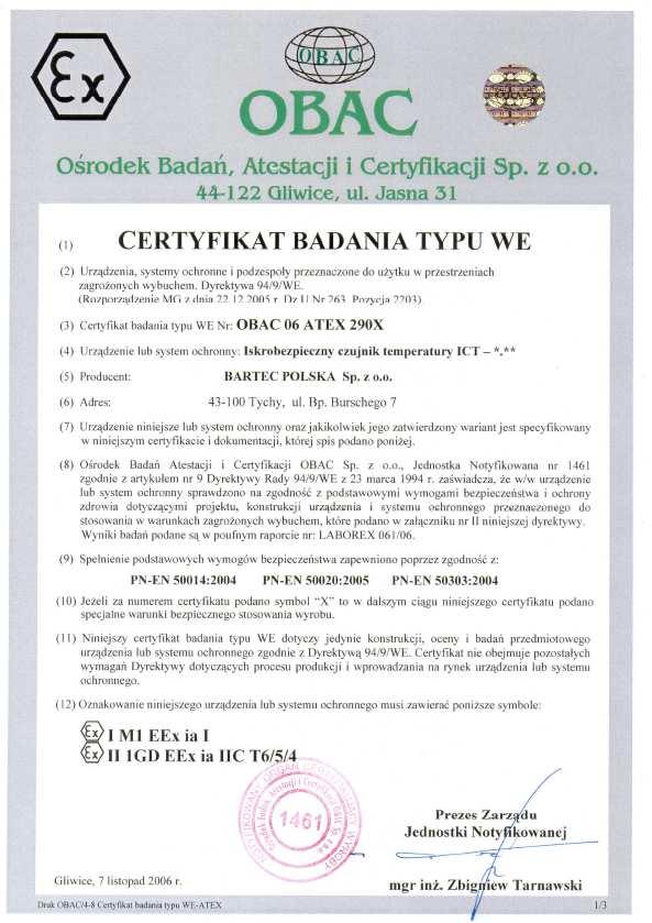 Certyfikat Badania Typu WE nr OBAC 06 ATEX