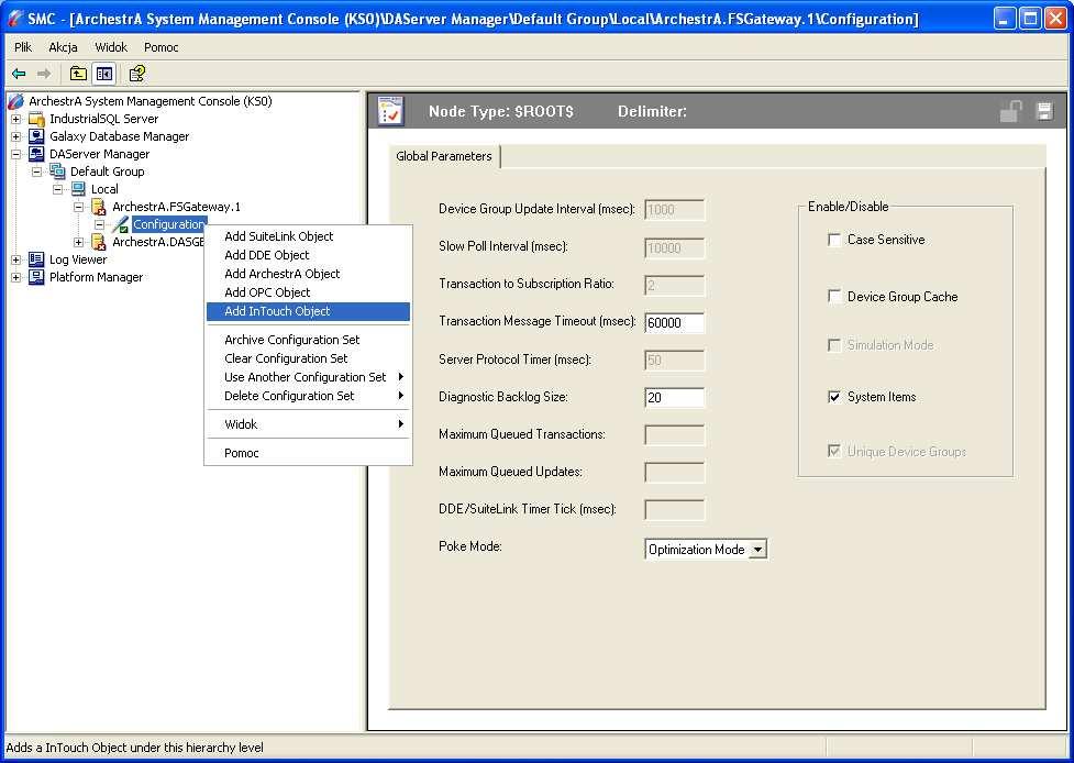 Konfiguracja programu FactorySuite Gateway do komunikacji z aplikacją InTouch Konfigurację programu FactorySuite Gateway naleŝy zrealizować w konsoli ArchestrA System Management Console, którą moŝna