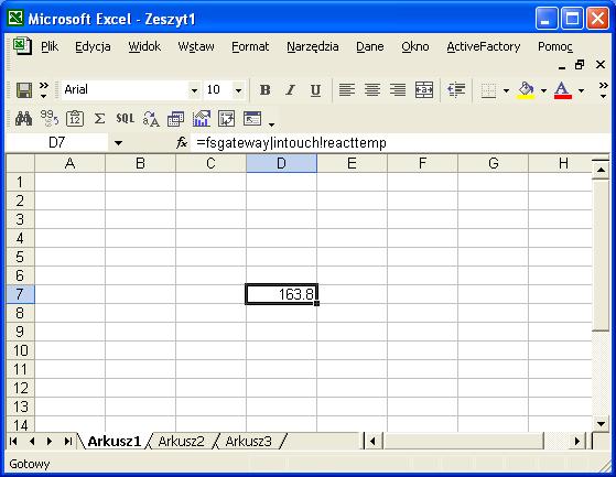 Konfiguracja programu Excel do komunikacji z aplikacją InTouch Po uruchomieniu programu Excel w dowolnym zeszycie (pliku), w dowolnym arkuszu i w dowolnej komórce naleŝy wpisać formułę DDE, przez