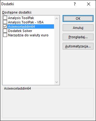 Dodatek Asix Excel Rys. Okno dialogowe Dodatki z dodatkiem Asix Excel. 4. Należy wybrać dodatek Asix Excel i zatwierdzić przyciskiem OK. 5.