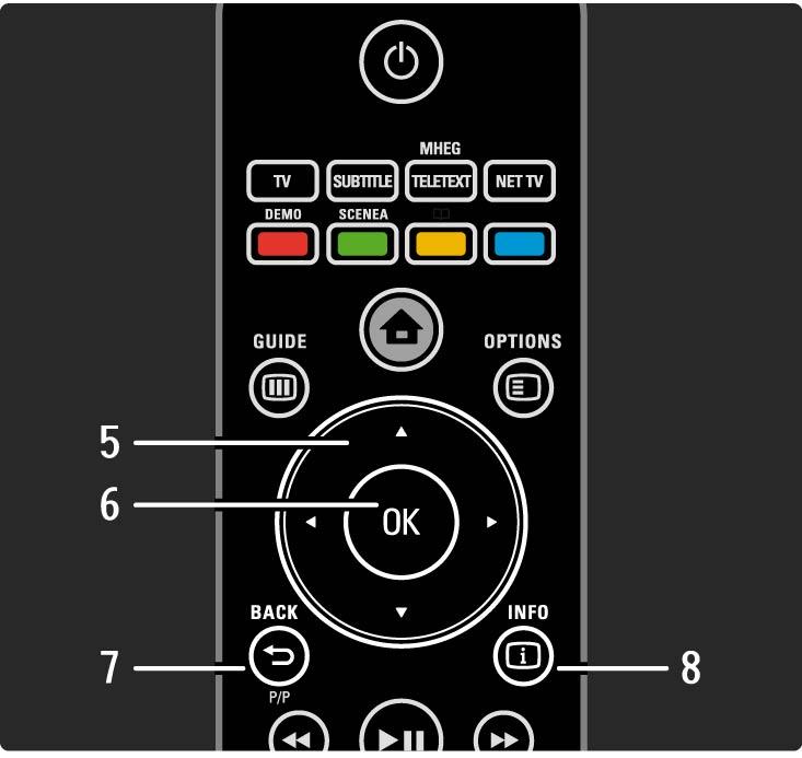 2.1.1 Opis pilota zdalnego sterowania 5 Przycisk nawigacyjny Poruszanie się w górę, w dół, w lewo lub w prawo. 6 Przycisk OK Otwieranie przeglądu kanałów. Aktywacja wyboru opcji.