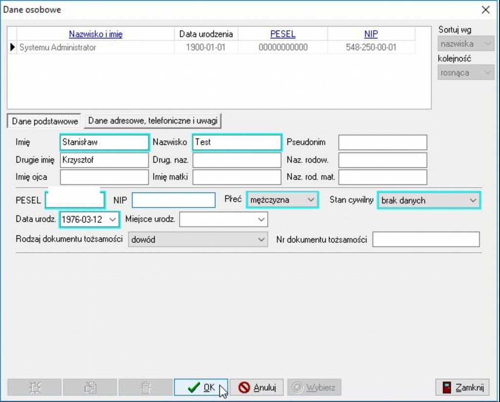 Następnie należy uzupełnić dane osobowe i adresowe Administratora sytemu.