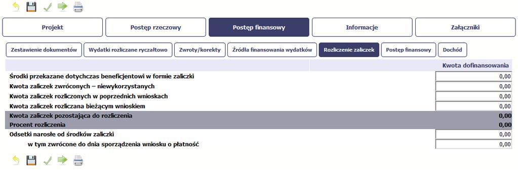 ROZLICZENIE ZALICZEK Ta część wniosku o płatność zawiera informacje dotyczące otrzymanych środków w formie zaliczki w ramach realizowanego przez Ciebie projektu oraz prezentuje aktualny stan