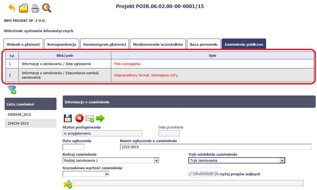 Jeżeli informacja będzie zawierała nieprawidłowe dane, system w specjalnym bloku Wynik walidacji wyświetlonym