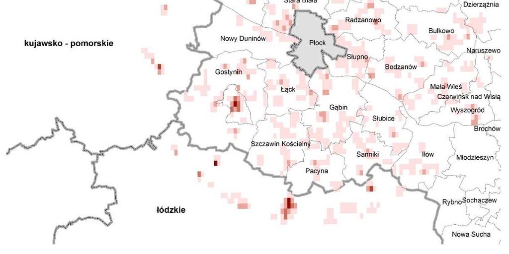 Rysunek 10 Emisja powierzchniowa pyłu zawieszonego PM10 z pasa 30 km wokół strefy