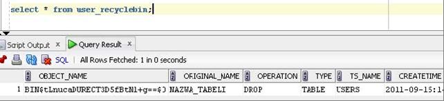 FLASHBACK TABLE EMPLOYEES TO TIMESTAMP TO_TIMESTAMP('10-09-2011 21:00:03','dd-mm-yyyy hh24:mi:ss'); Taka możliwość dostępna jest niestety tylko w najbardziej rozbudowanej i jednocześnie najdroższej