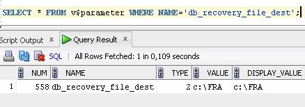 ALTER SYSTEM SET DB_RECOVERY_FILE_DEST='c:\FRA'; Parametr ten ustawia gdzie na dysku mają znajdować się backupy.