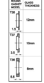 System punktowy do drzwi Magtec Pivot door system Magtec Wycięcie w szkle dla rotuli stożkowej Glass Notch for countersunk point stud Grubość szkła Glass Thickness Grubość uszczelki Gasket Thickness