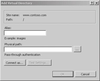 Rozdział 1: Wprowadzenie do IIS 7.0 19 (Dodaj katalog wirtualny). Pojawi się okno dialogowe Add Virtual Directory (Dodawanie katalogu wirtualnego). 2.
