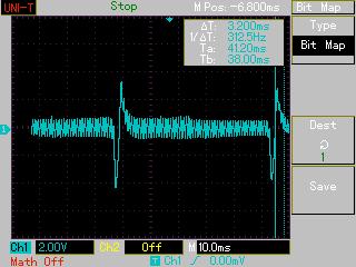 2.5. Badanie sterownika systemu MOTRONIC w zakresie wypracowania 5 d) wybrać rodzaj pracy oscyloskopu RUN STOP, ten rodzaj pracy zapisuje mierzony sygnał w pamięci oscyloskopu.